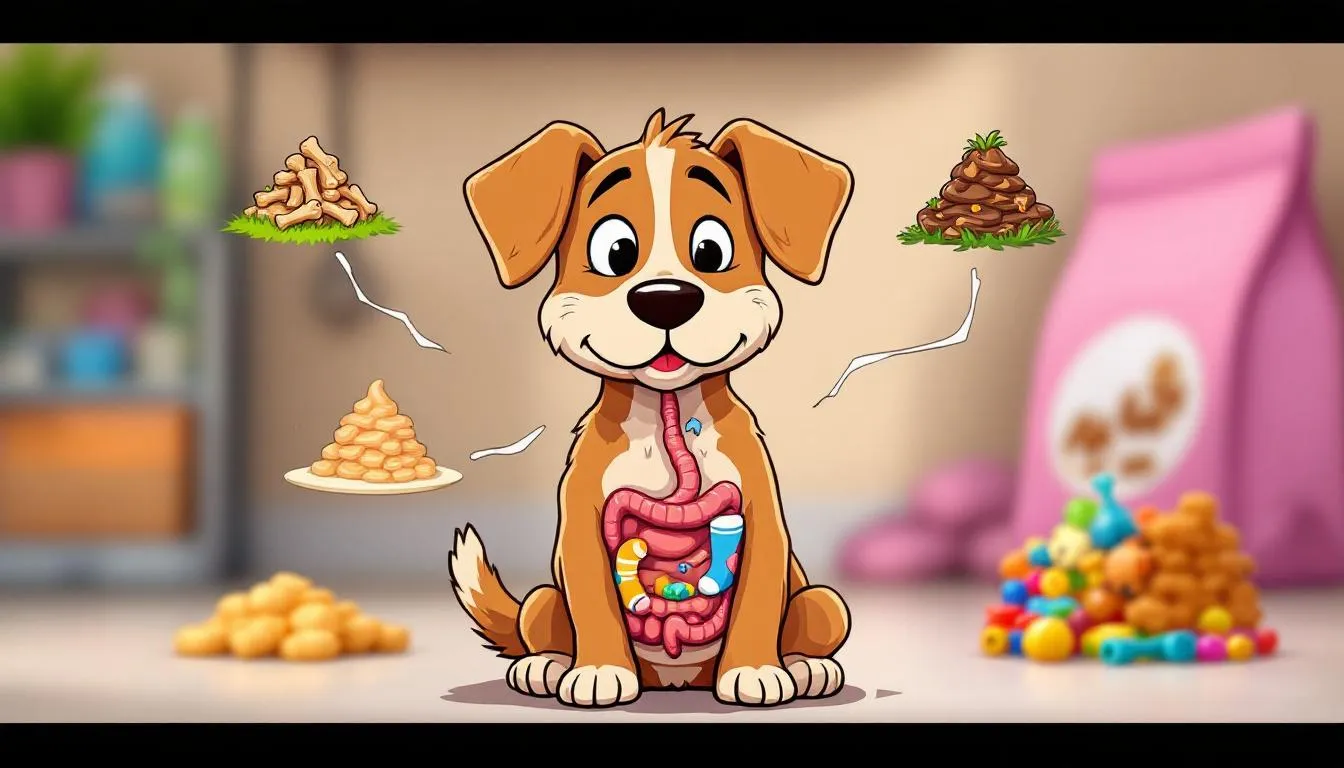 An image depicting various causes of soft dog poop, with a blurred dog food bag in the background.