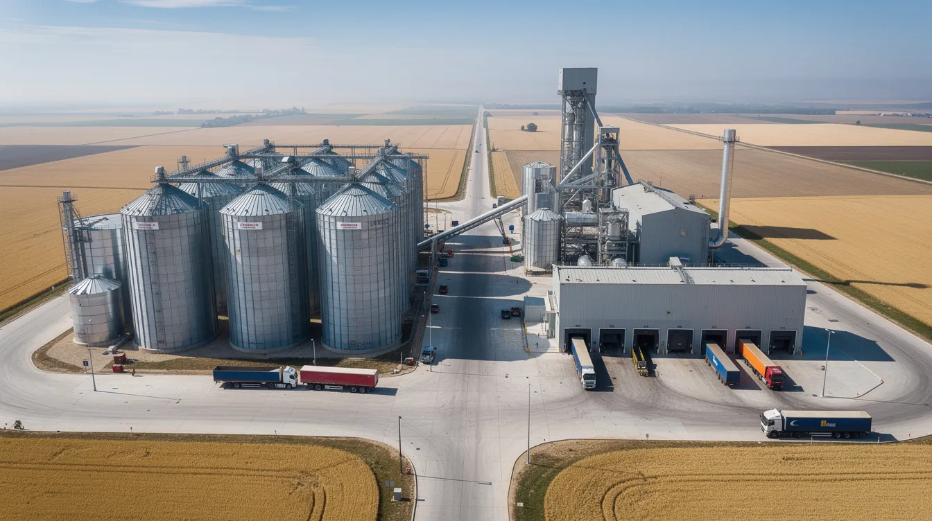 An aerial view showcases large agricultural grain storage silos adjacent to an industrial soybean oil processing plant, highlighting the infrastructure essential for soybean processing and oil production. The image illustrates the scale of the facilities involved in the soybean processing industry and the significant role they play in meeting global demand for soybean oil and related products.
