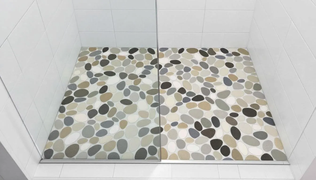 The image shows a modern shower floor adorned with smooth pebble tiles, designed for excellent drainage. The overall aesthetic is enhanced by the natural light filtering in, creating a cohesive feel in the bathroom space.