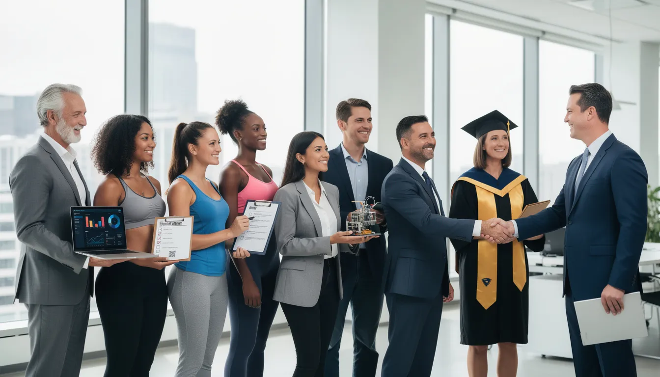 The image showcases a diverse group of individuals, each representing various successful outcomes from their transformational coaching journeys. They embody personal growth and confidence, highlighting the benefits of coaching sessions and the transformative experiences that lead to sustainable change in their lives and careers.