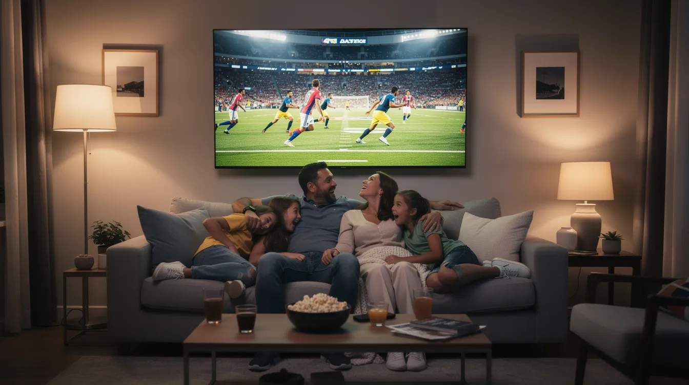 A family is comfortably seated on a couch, enjoying a live sporting event displayed on a large television screen, highlighting the joy of watching live TV together. This scene illustrates the benefits of a reliable IPTV service, providing access to international sports channels and high-quality streaming for uninterrupted entertainment.