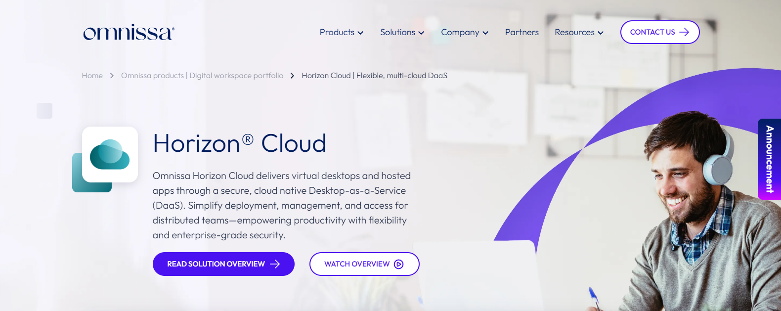 Omnissa Horizon Cloud homepage featuring secure DaaS and cloud virtual desktop solutions for developers and distributed engineering teams.