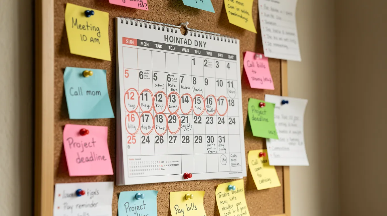 The image features a calendar adorned with colorful sticky notes and reminders, all pinned to a bulletin board, suggesting organized planning and scheduling. This setup could be useful for sales teams to track cold email outreach campaigns and important follow-ups with prospects.
