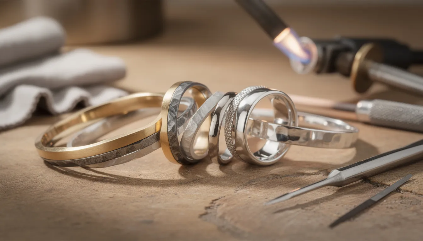 The image showcases a collection of handcrafted silver bracelets and bangles, featuring a mix of sterling silver and copper with unique hammered finishes. These stylish pieces are designed for women, combining elegance and comfort, making them perfect for any occasion.