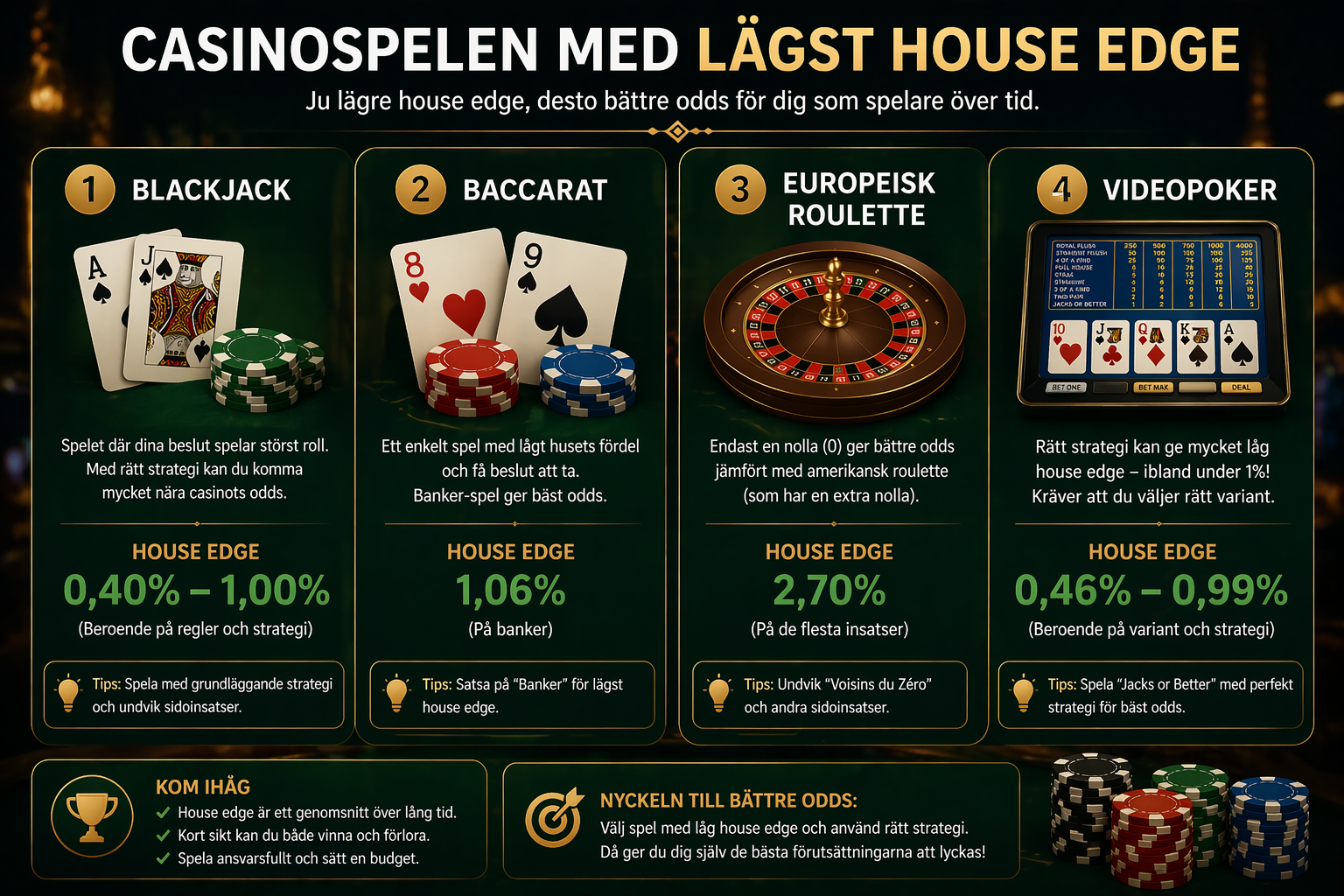 Spel med låg house edge – blackjack, baccarat, europeisk roulette och video poker med bättre odds och högre RTP
