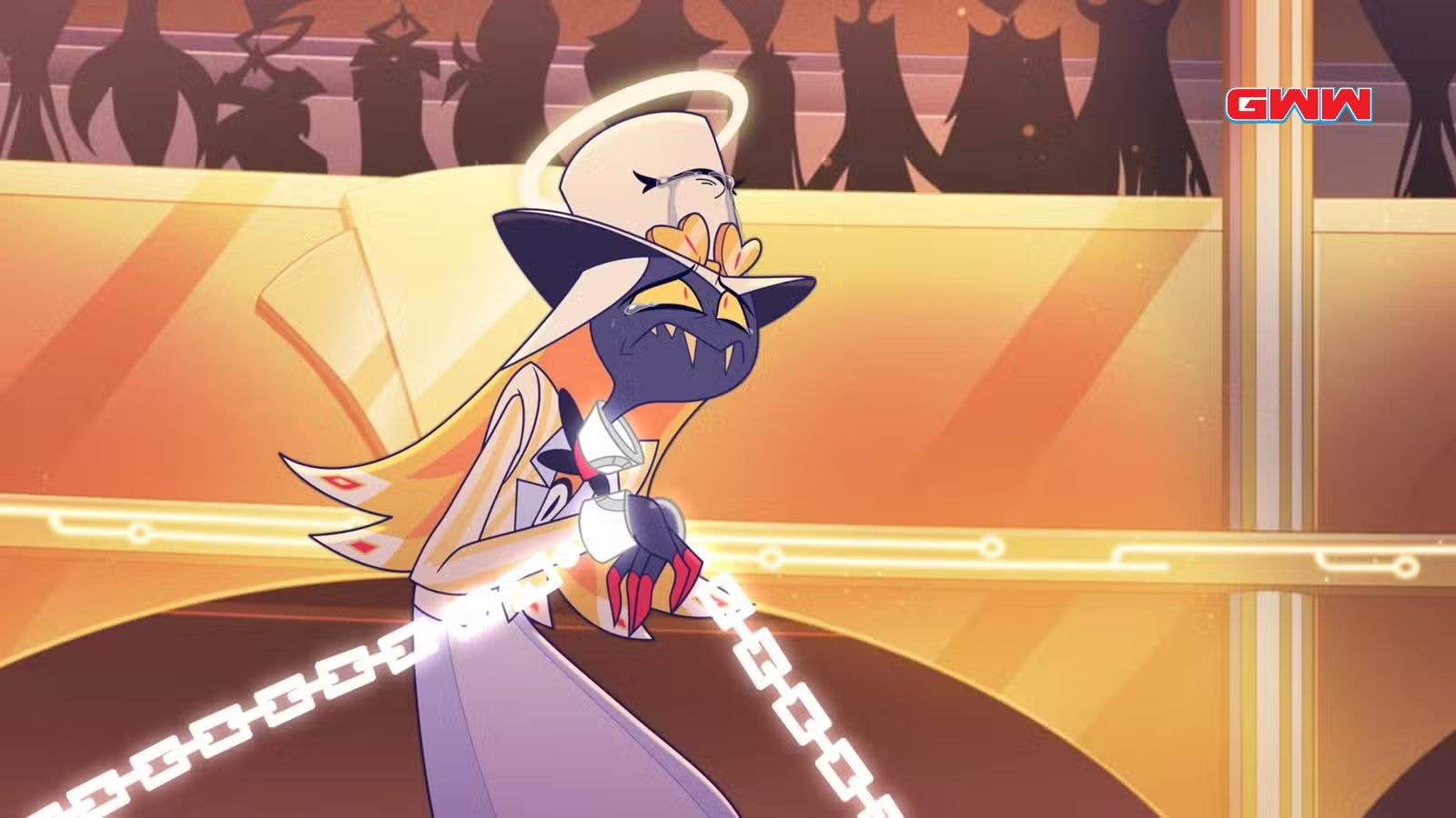 Alex Brightman as Sir Pentious, a cobra demon shackled with glowing chains in Heaven tribunal in Hazbin Hotel season 2