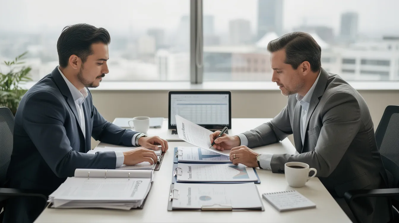 A tax professional is seated at a desk with a business owner, reviewing documents related to employee retention credit (ERC) eligibility and discussing the implications of government orders on business operations. They are focused on understanding the requirements for claiming tax credits and ensuring the business qualifies under the internal revenue code.