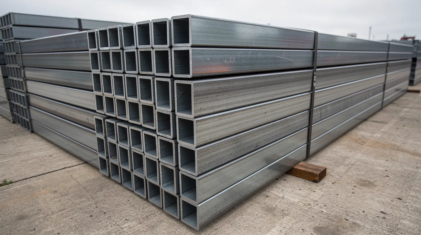 The image features neatly stacked steel beams with clean squared ends, arranged in organized rows, showcasing the precision of steel cutting services. These beams, cut to length for specific project requirements, highlight the efficiency and accuracy of the cutting process, ensuring reduced waste and immediate use on construction sites.