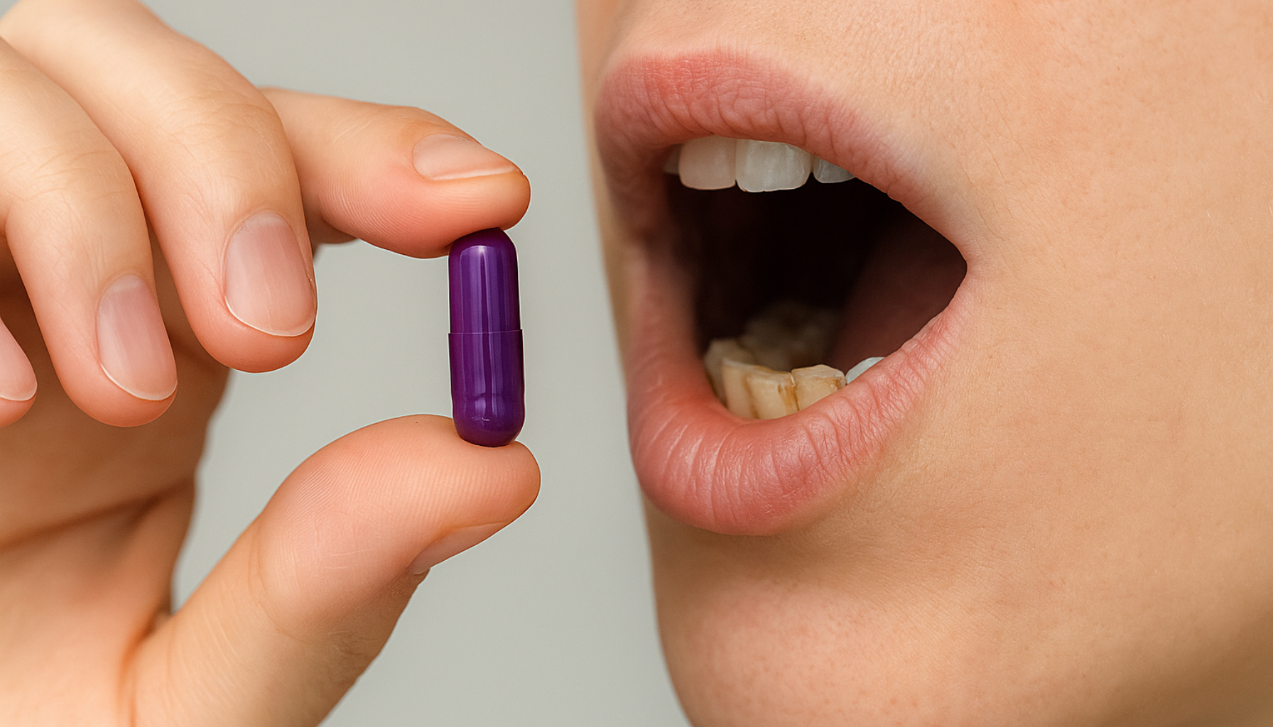 Nærbilde av person som holder en lilla kapsel foran åpen munn med synlige misfargede tenner i nøytral bakgrunn. nexium 40 mg nexium 40 mg 20 mg 30 minutter andre legemidler behandling protonpumpehemmere esomeprazol hos dersom bruk legemidler dose enterotablett samtidig andre brukes reflukssykdom stk nsaid alvorlige tar uker symptomer minutter apotek lege gis spiserøret bivirkninger mulig sår mindre bruker mer tas magesekken legemiddel risiko behandlingen bruke grunn informasjon dosen magesår bilde grünenthal derfor flere mye styrke får mat igjen nye høye del innen viktig hele resept norge vedlikeholdsbehandling forebygging tarmen finnes kommer redusere brudd typer videre deretter virkestoff dag unngå hjelp 100 samt dine