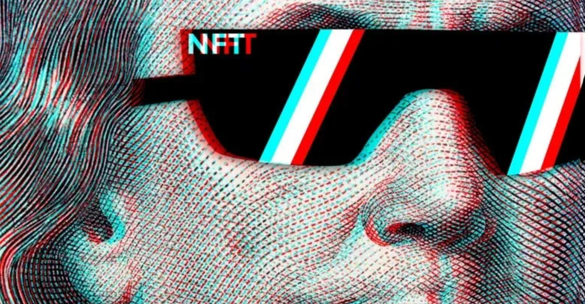 A pixeled image of human with sunglasses as NFT. 
