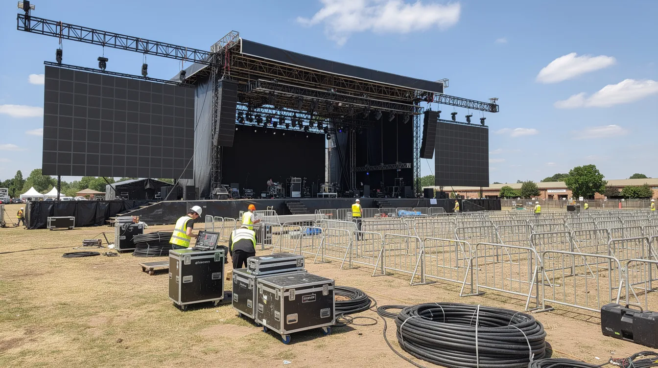 An outdoor event site is being prepared for a festival, featuring a temporary stage structure with large LED screens, including a video wall rigging system for optimal display. The setup involves careful assembly of ground-supported walls and overhead rigging to ensure safety and support for the total weight of the equipment.