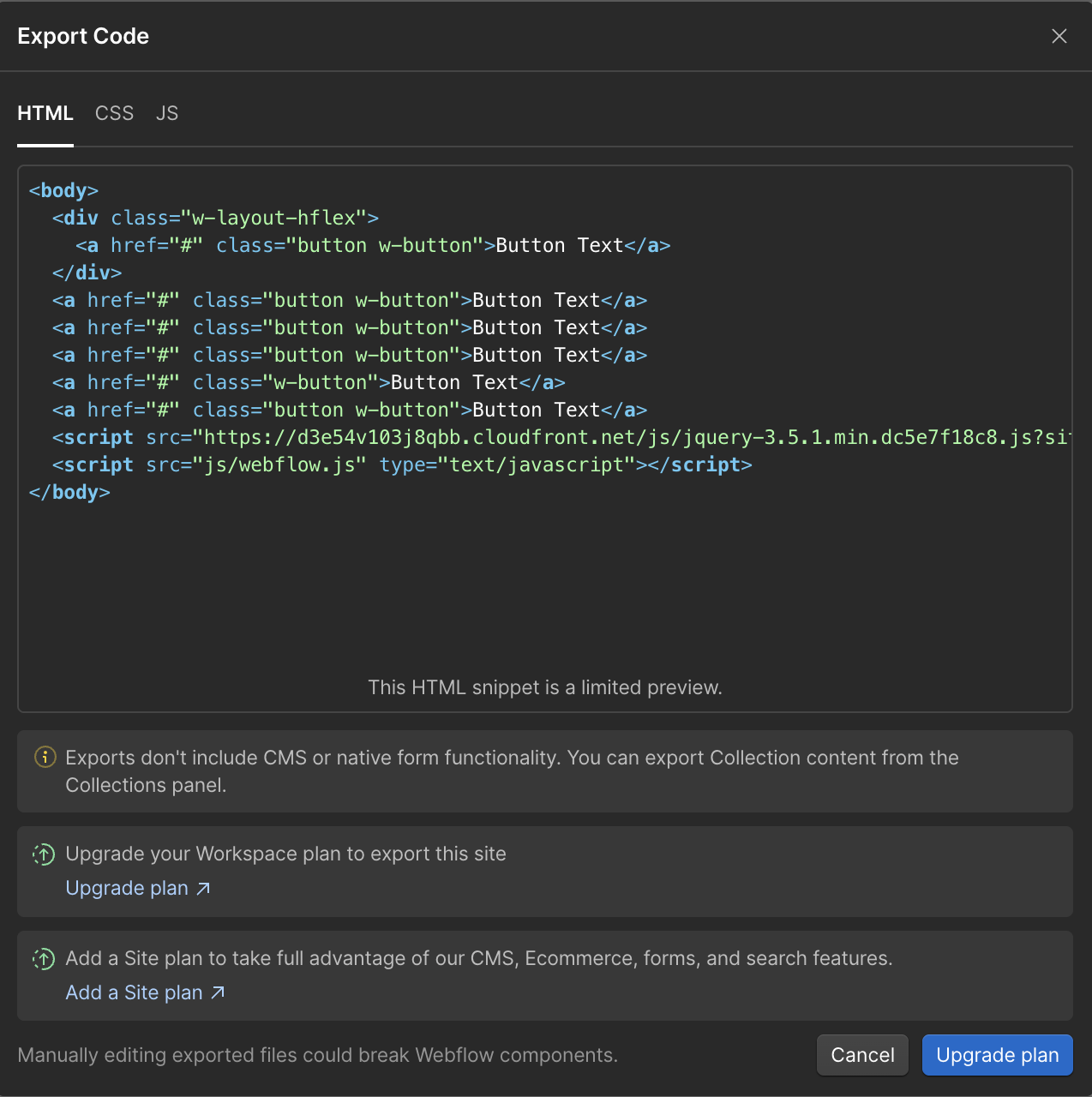 The export code window