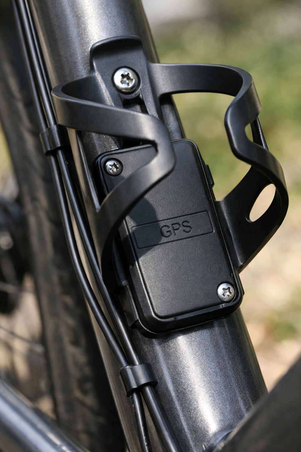 GPS tracker hidden under a bicycle bottle cage mount for theft protection