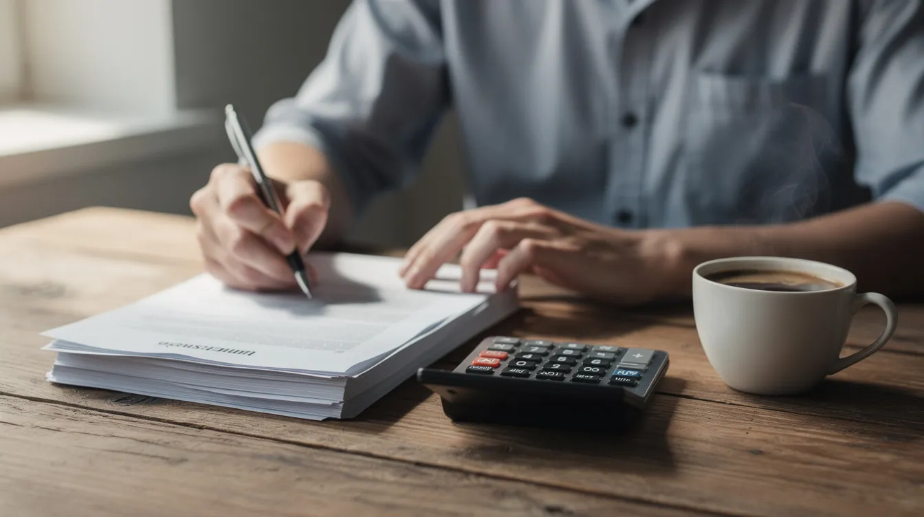 A person is sitting at a wooden table, reviewing paperwork with a calculator and a coffee cup beside them, likely assessing their personal finances or preparing a business plan. This scene suggests a focus on managing business expenses or considering a personal loan for business use.