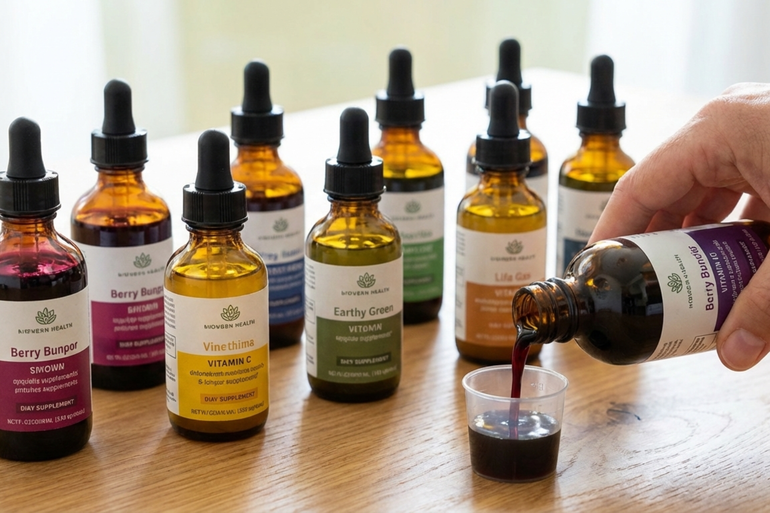 Person pours a bottle of liquid into several bottles.