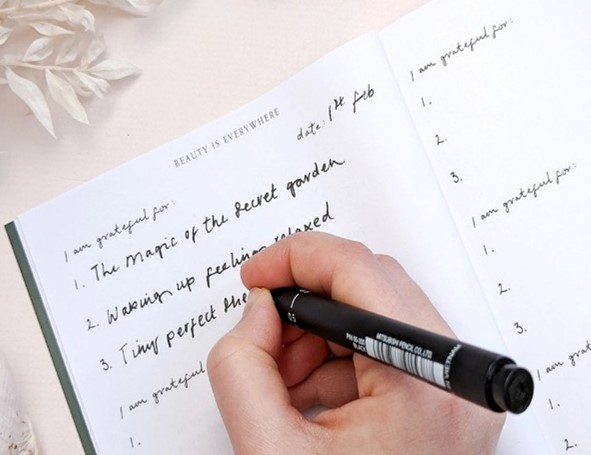 image of a hand holding a pen, writing a journal