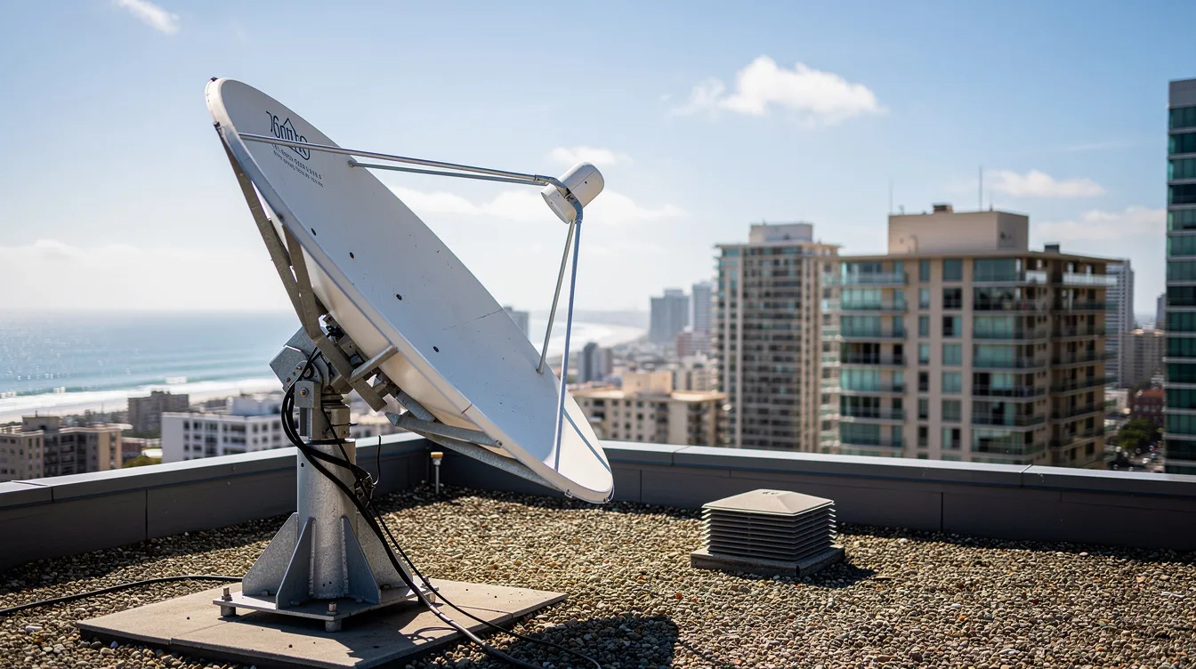 A satellite dish is mounted on a rooftop, overlooking a vibrant coastal cityscape, with buildings and the ocean in the background. This image represents the professional DSTV installation services available in Green Point, showcasing an efficient setup for optimal signal reception.