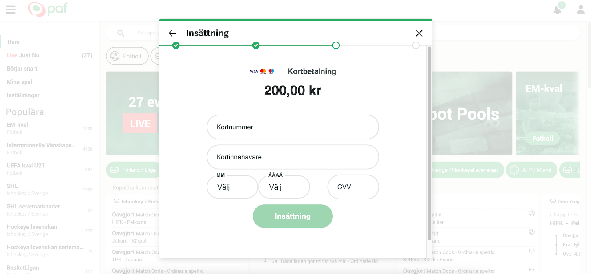 Insättning med kreditkort hos Paf