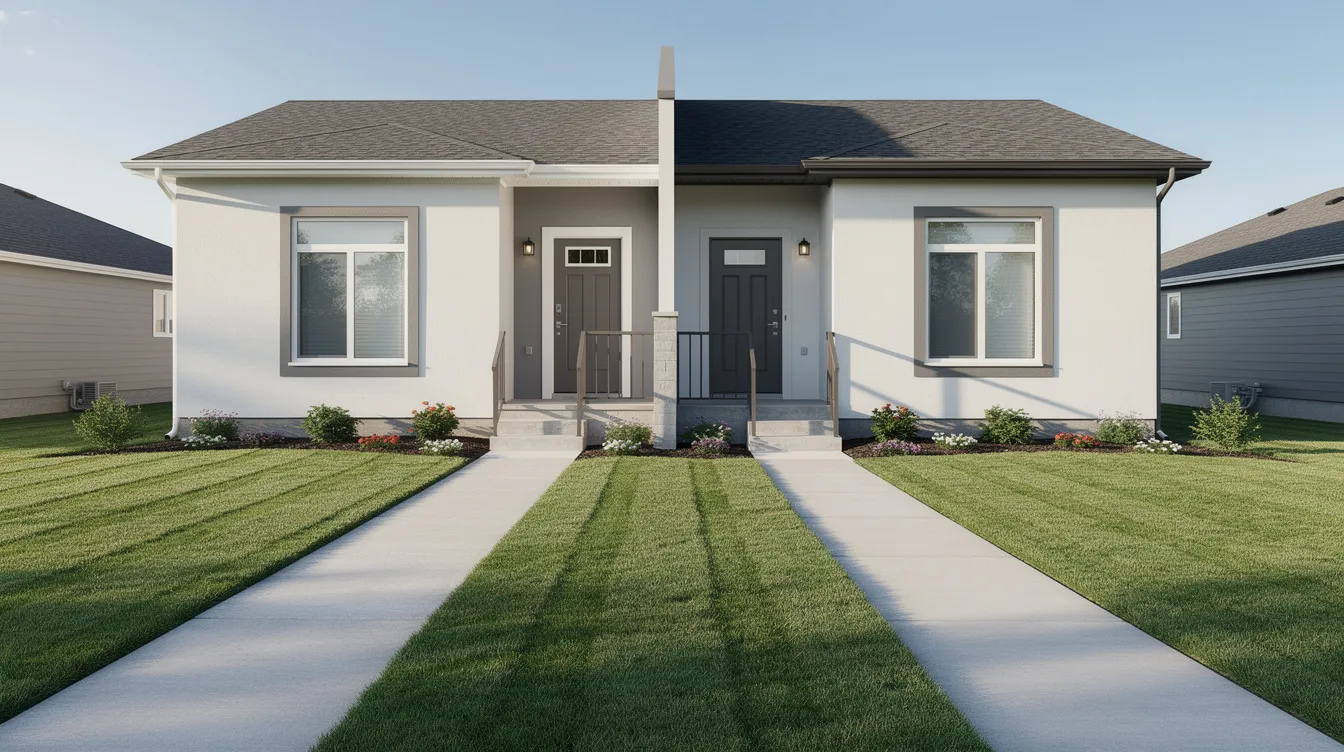 The image depicts a residential duplex featuring a well-maintained lawn and two front doors positioned side by side, ideal for real estate investors looking to enhance their rental portfolio. This property type can generate rental income, contributing positively to the property's cash flow and overall investment strategy.
