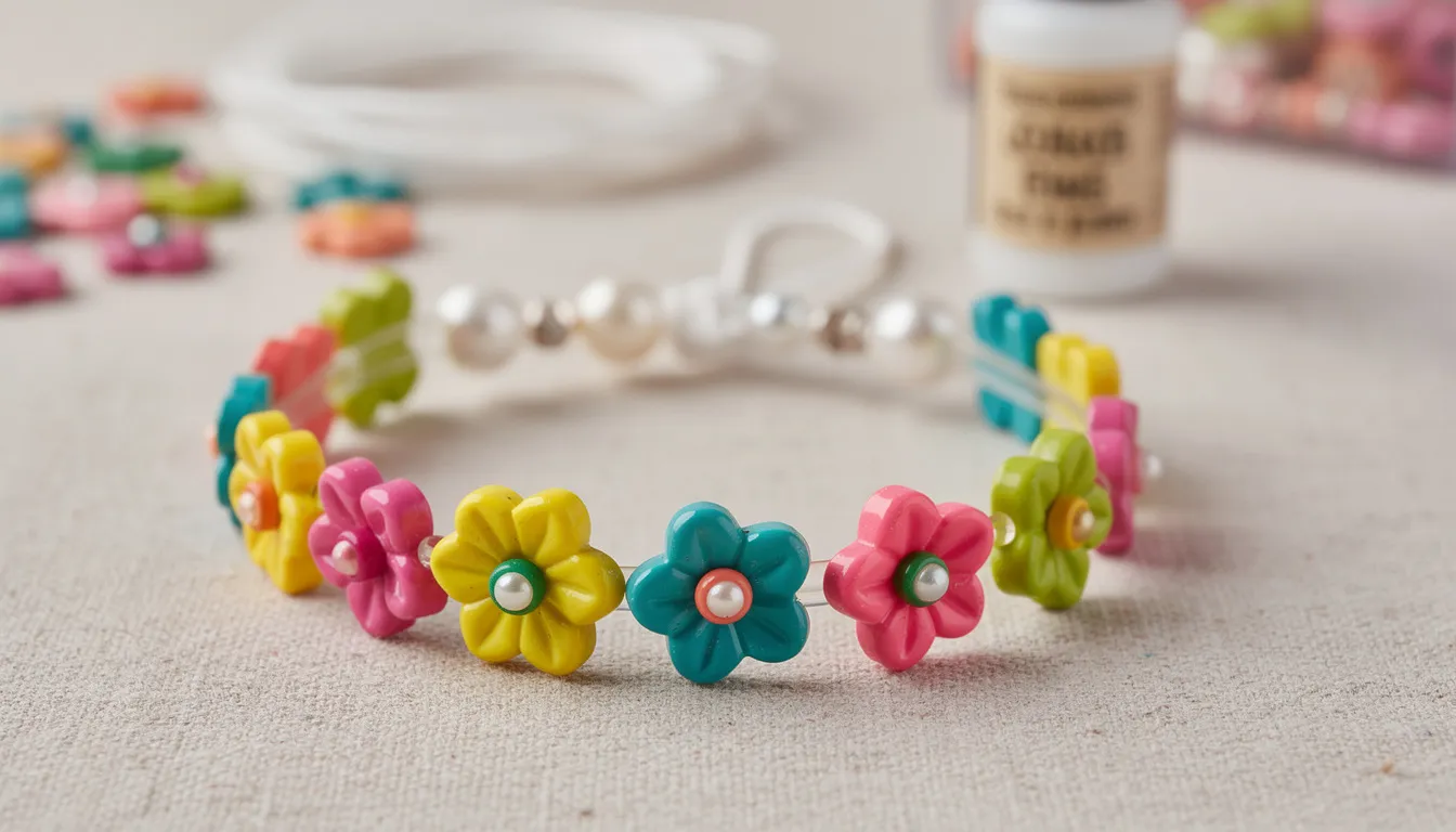 The image showcases a vibrant floral bead bracelet designed with colourful beaded flower charms and intricate details like freshwater pearls, reflecting a unique and artistic style. The bracelet features an adjustable design for comfort, making it suitable for various wrist sizes.