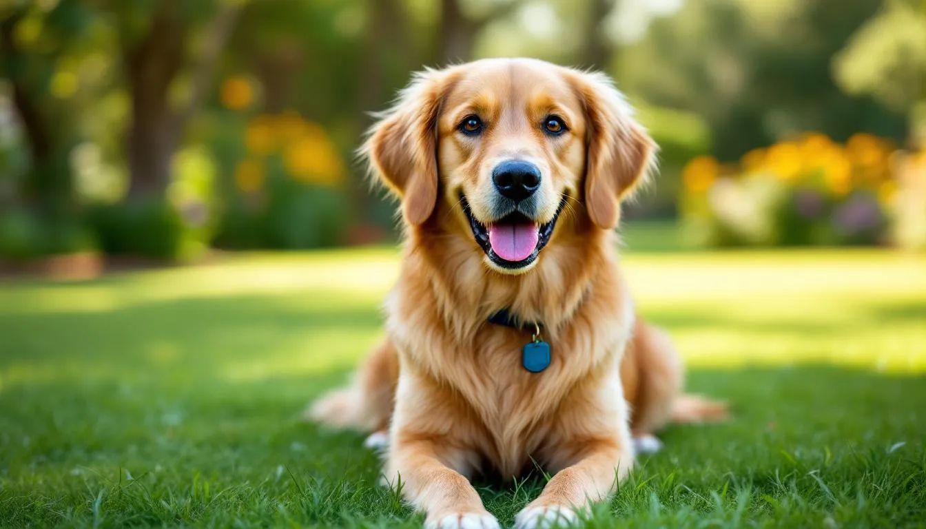 A happy golden retriever is sitting outdoors, looking healthy and alert after a successful veterinary checkup. The dog