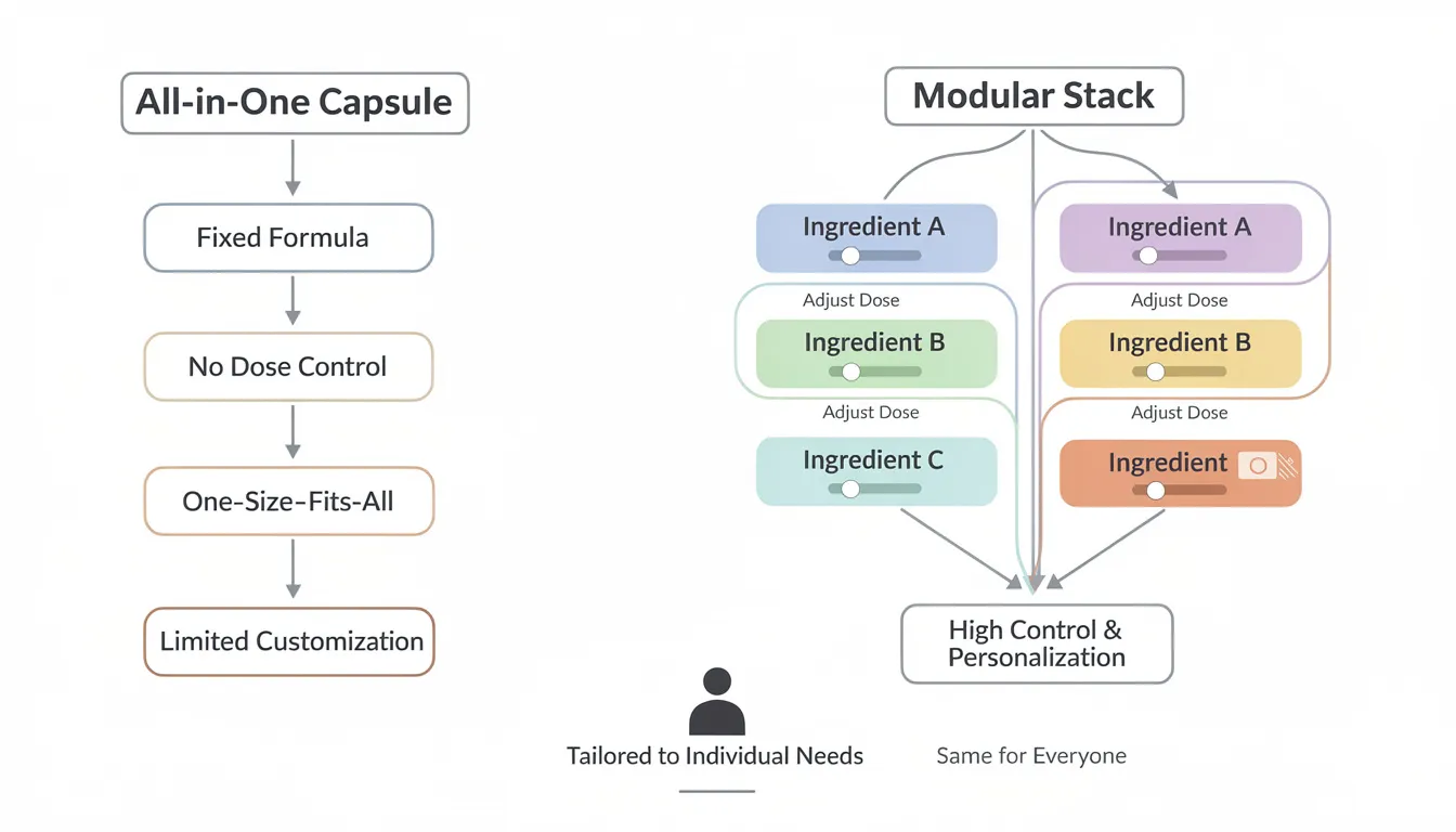 The flowchart illustrates the limitations of an all-in-one capsule for longevity supplements, highlighting how it restricts control and customization in comparison to a modular stack that allows for individual adjustments to support healthy aging and overall health. It emphasizes the importance of tailored supplement regimens for optimal benefits in areas such as brain health, cardiovascular health, and cellular function.