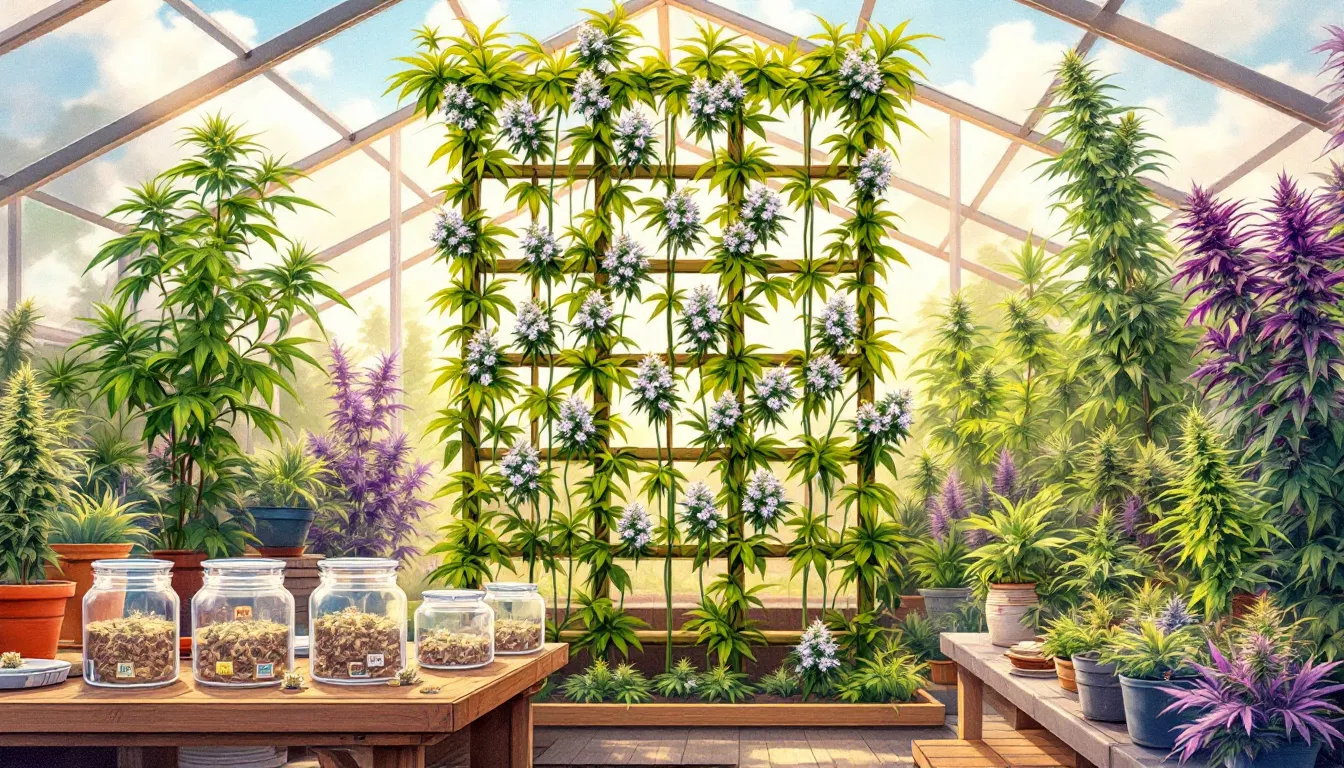 Cultivation process of THCA autoflower seeds in a greenhouse.