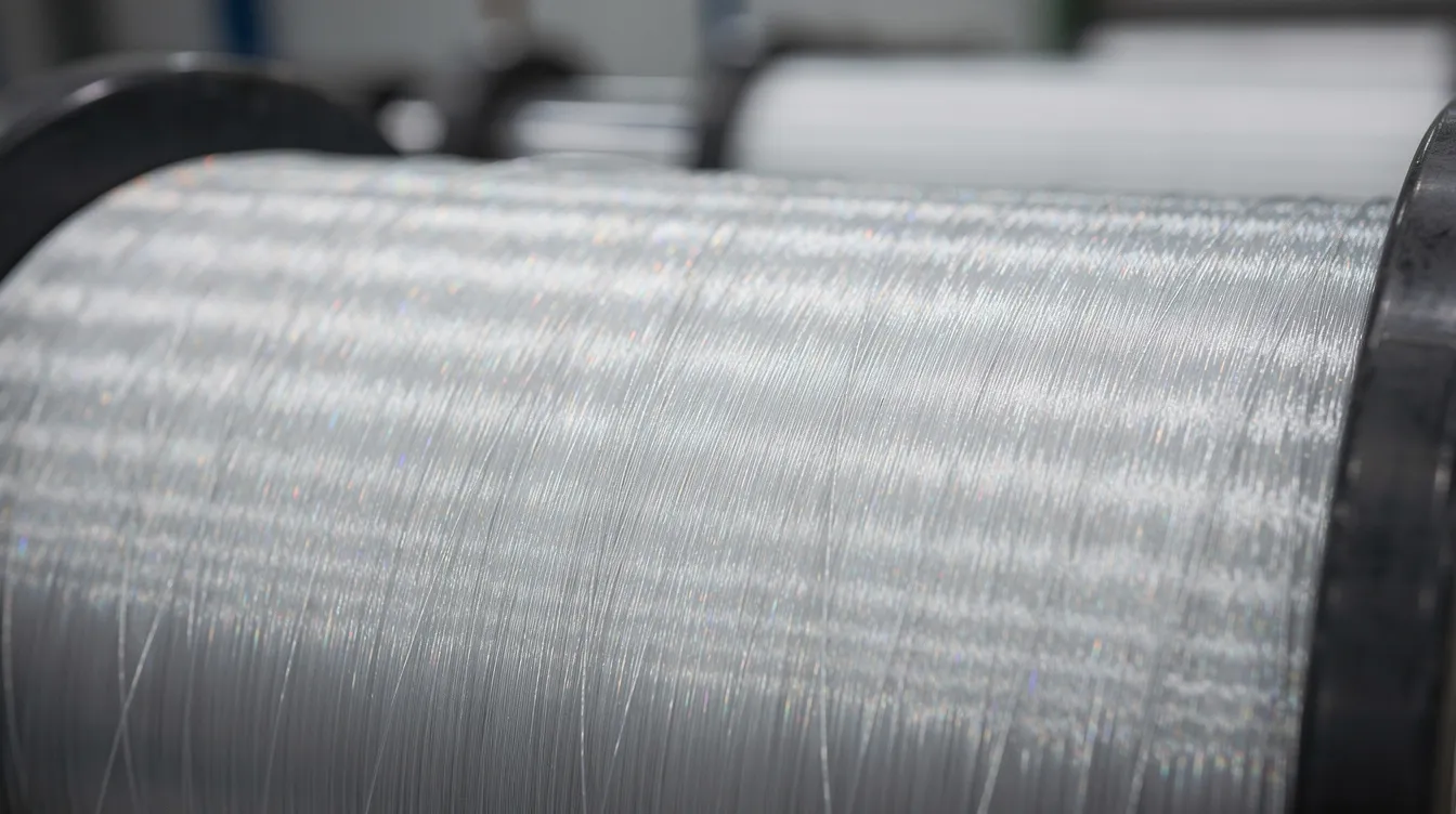 A close-up photograph showcases bundled glass fiber rovings, glistening with a shiny translucent appearance, neatly arranged on an industrial spool. These glass strands are essential components in the composites industry, often used in the manufacture of fiberglass reinforced plastic for various applications, including construction and insulation.