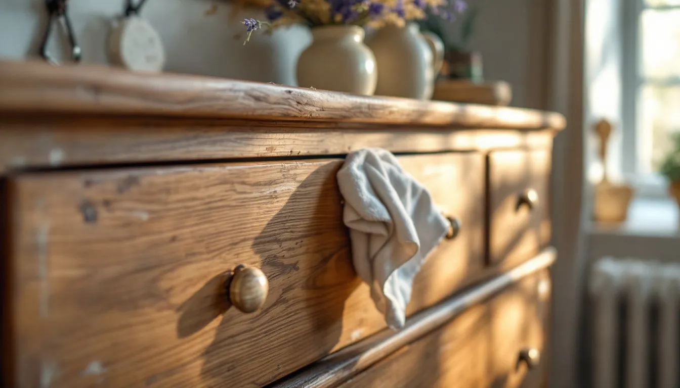 A close-up of an oak tallboy dresser being cleaned with a damp cloth, showing maintenance tips.