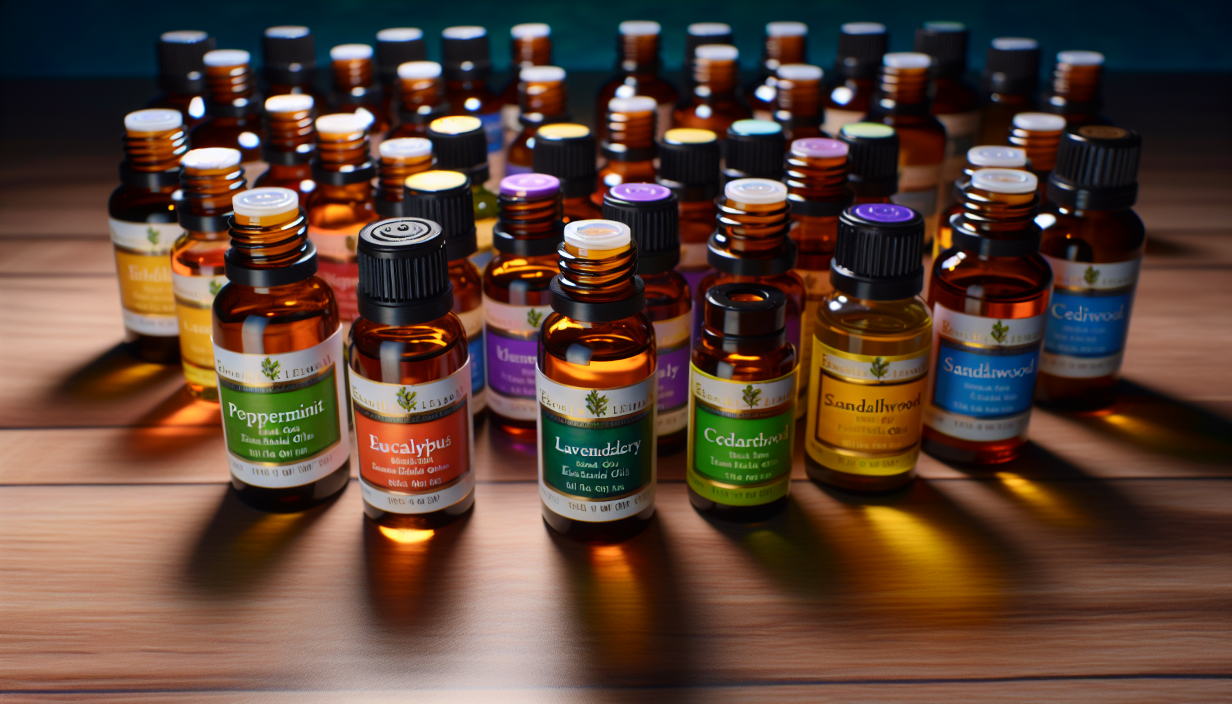 A variety of essential oil bottles with different scents and colors