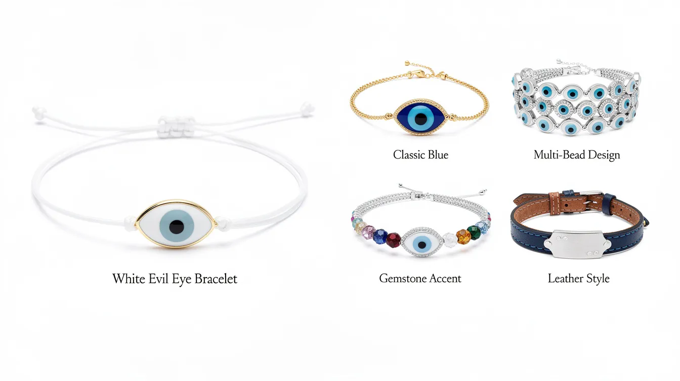 The image showcases a comparison of a white evil eye bracelet alongside various other eye bracelet styles, highlighting their unique designs and colors. Each bracelet is displayed on a neutral background, emphasizing their protective symbolism and making them a perfect gift for the wearer.
