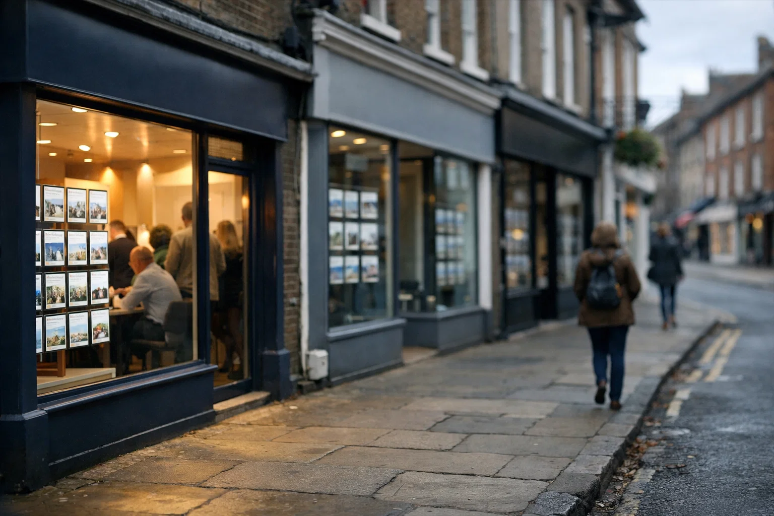 UK high street showing several estate agency shopfronts, one busy and active while others appear quiet.