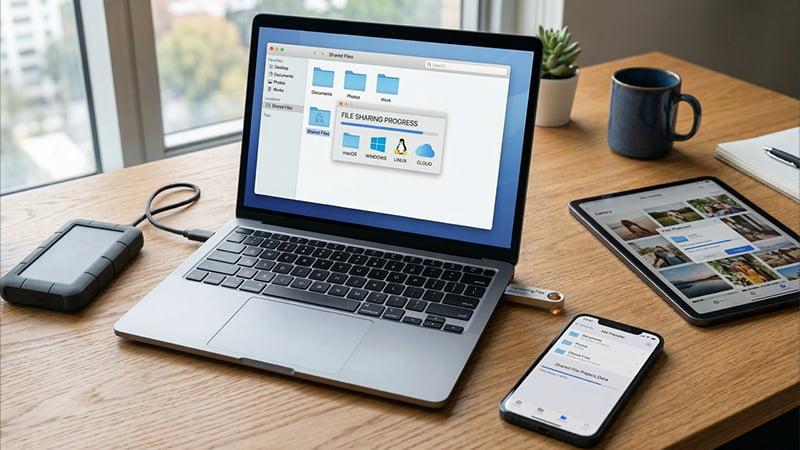 Laptop file transfer setup with a USB flash drive on a desk, showing offline file sharing between devices.
