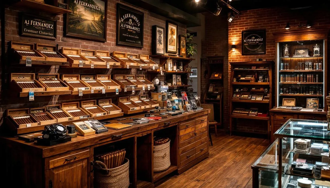 A cozy local cigar shop displays a diverse selection of AJ Fernandez cigars, including the popular New World and San Lotano brands, alongside various cigar accessories. The shop invites cigar aficionados to explore its offerings, showcasing the craftsmanship and passion behind AJ Fernandez's creations.
