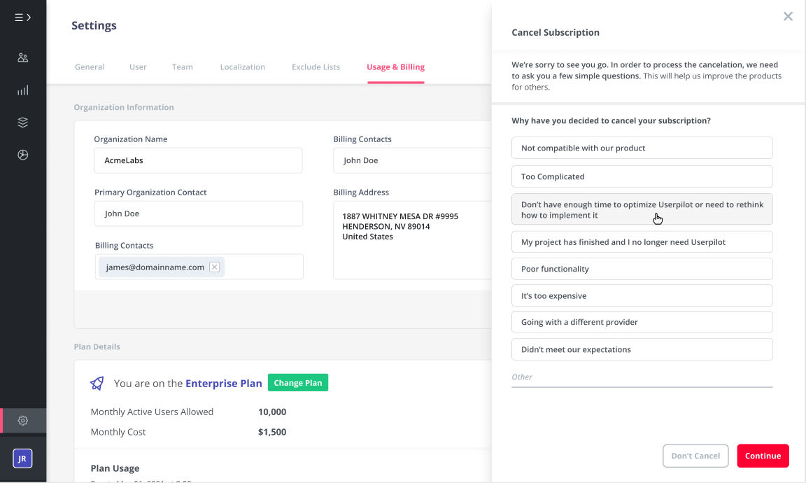 ejemplo de encuesta de rotación de usuarios de userpilot