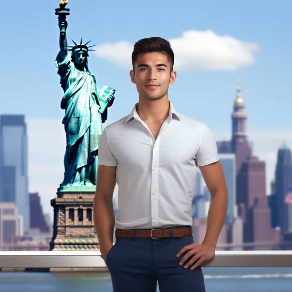 Male psychotherapist standing confidently with iconic New York City landmarks in the backdrop, exuding pride in his enhanced skills after completing the STTCNY online training program for schema therapy for individuals.