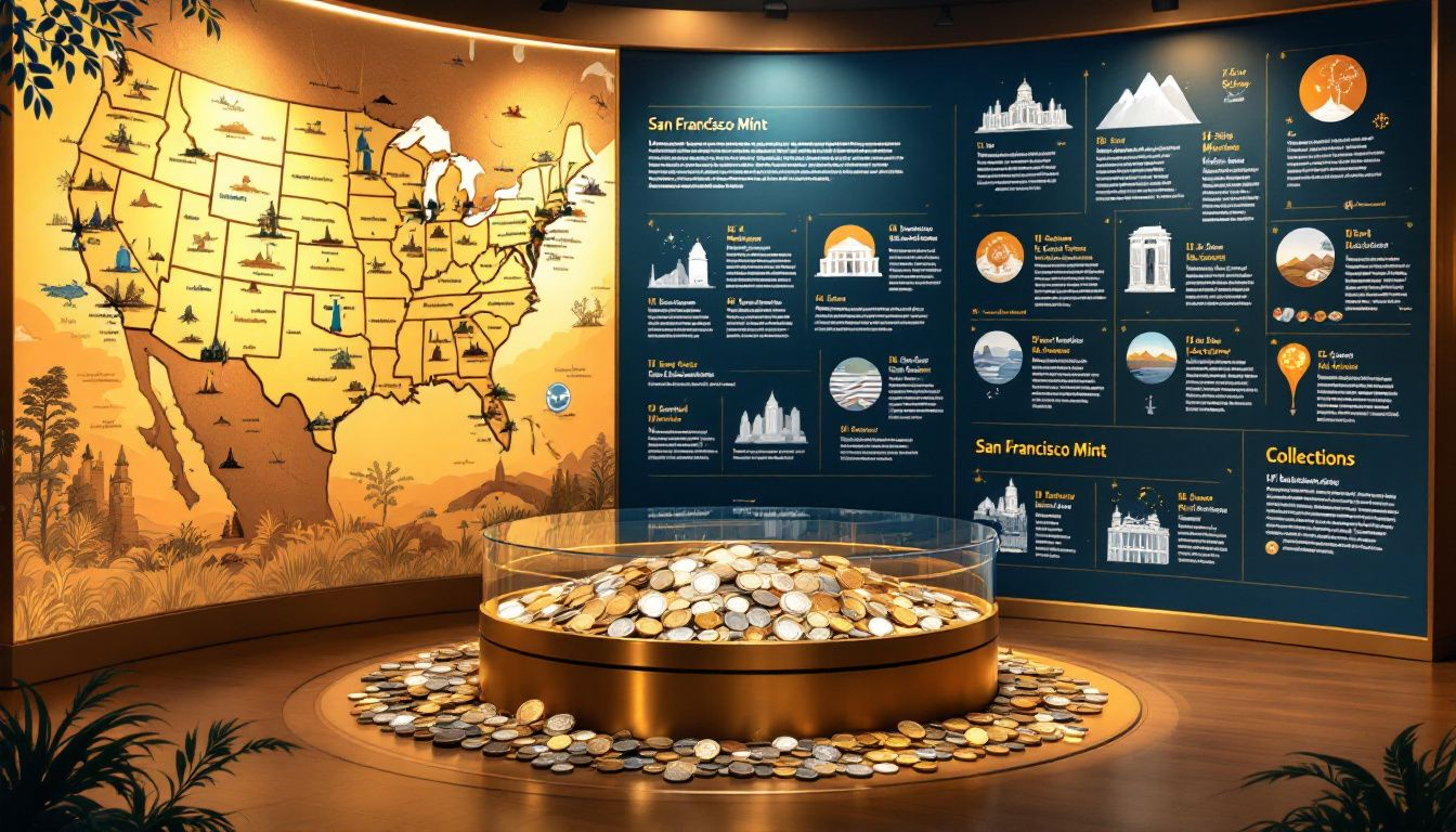 A collection of collectible coins displayed at the San Francisco Mint.