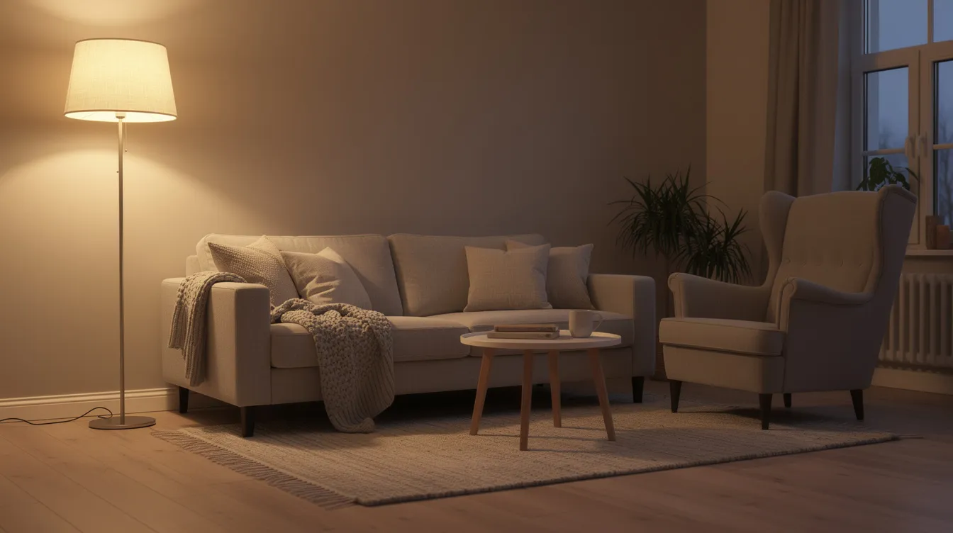 Ett mysigt vardagsrum med en golvlampa i metall som sprider varmt ljus, placerad vid sidan av en soffa och en fåtölj. Belysningen skapar en inbjudande atmosfär och gör rummet perfekt för avkoppling.