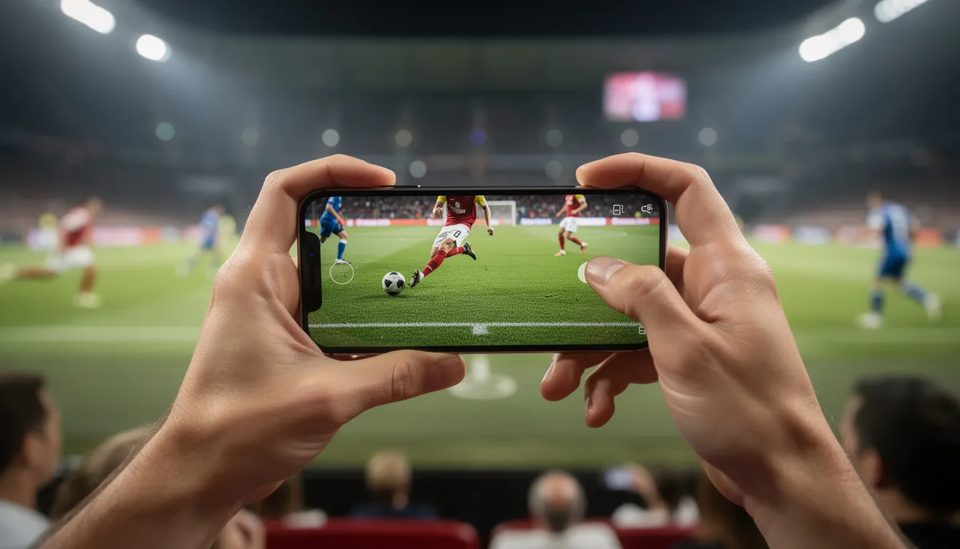 Due mani tengono uno smartphone mentre seguono una partita di calcio, mostrando un'app di scommesse sportive. Sullo schermo si possono notare quote e informazioni relative a eventi sportivi, suggerendo l'uso di siti di scommesse stranieri per gli appassionati di betting.