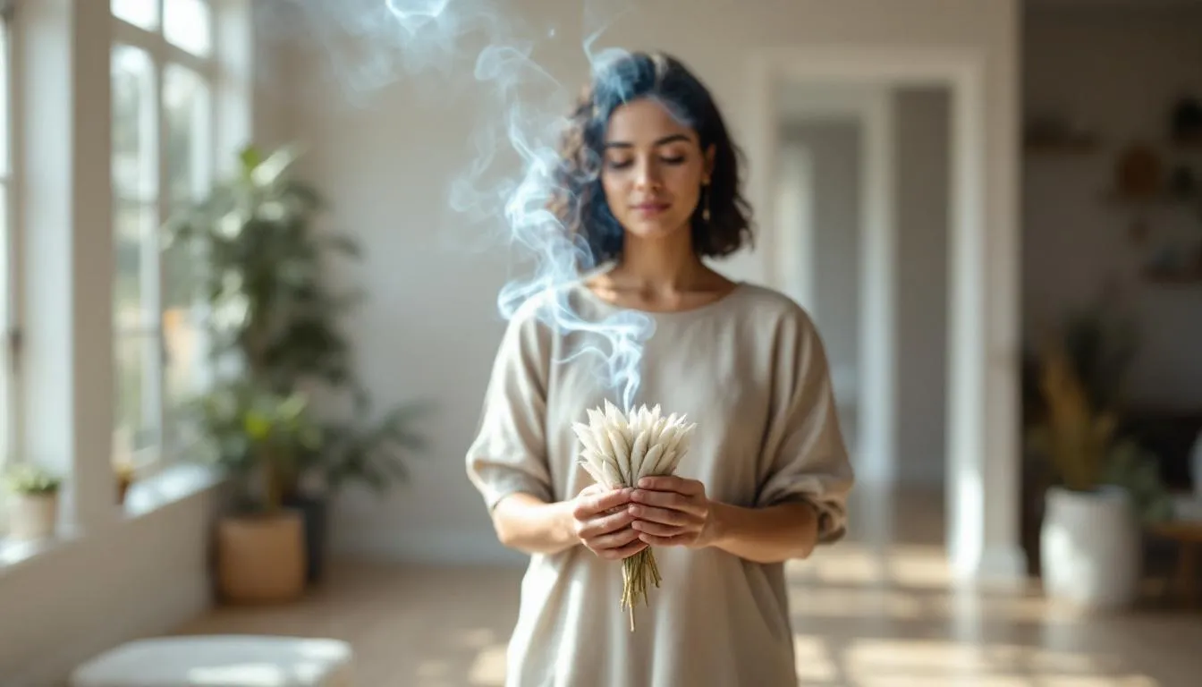 In einem hellen Wohnraum steht eine Person, die traditionell mit weißem Salbei räuchert, um die Energien zu reinigen und eine harmonische Raumatmosphäre zu schaffen. Der Duft des Salbeis erfüllt den Raum, während die Person das Räucherwerk in einem Gefäß hält und sich auf das Ritual konzentriert.