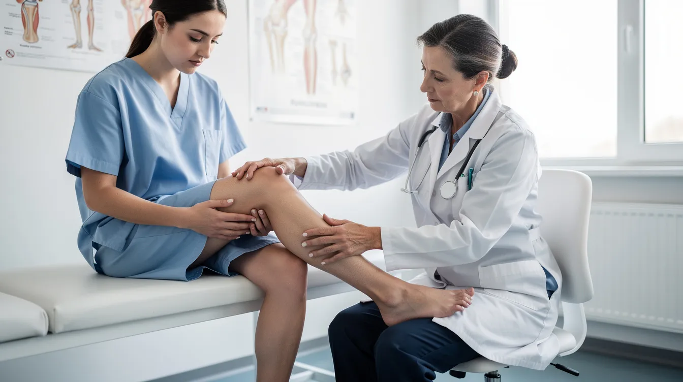 A medical professional is examining a patient's knee joint in a clinic, assessing for signs of rheumatoid arthritis or other musculoskeletal disorders. This examination is crucial for gathering medical evidence to support disability claims, such as social security disability benefits, for individuals experiencing joint pain and functional limitations.