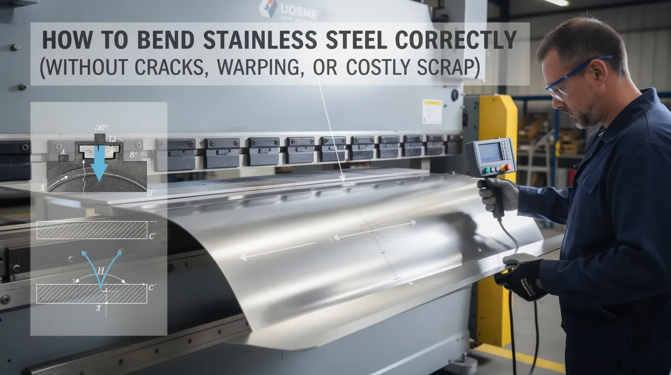 The image illustrates the process of bending stainless steel, showcasing various tools such as a press brake and bending machines used to achieve precise angles without cracking or warping. It highlights different stainless steel materials, including tubing and sheets, emphasizing the importance of techniques like air bending and the correct bend radius for optimal results.