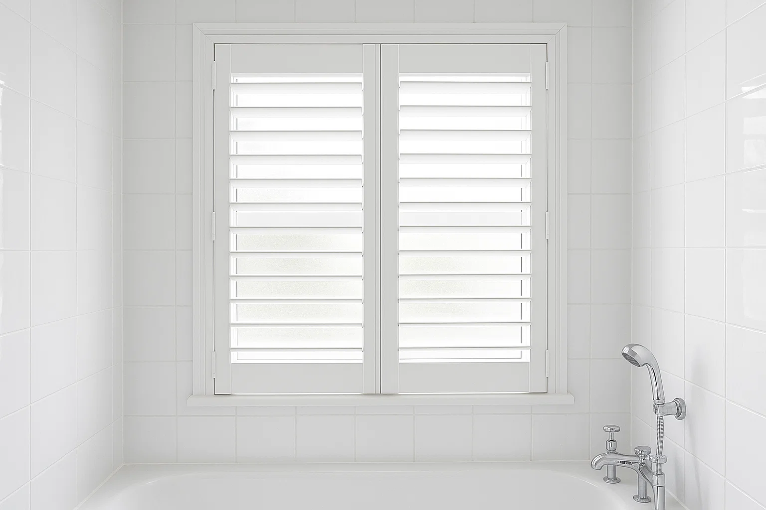 Waterproof plantation shutters in a modern UK bathroom