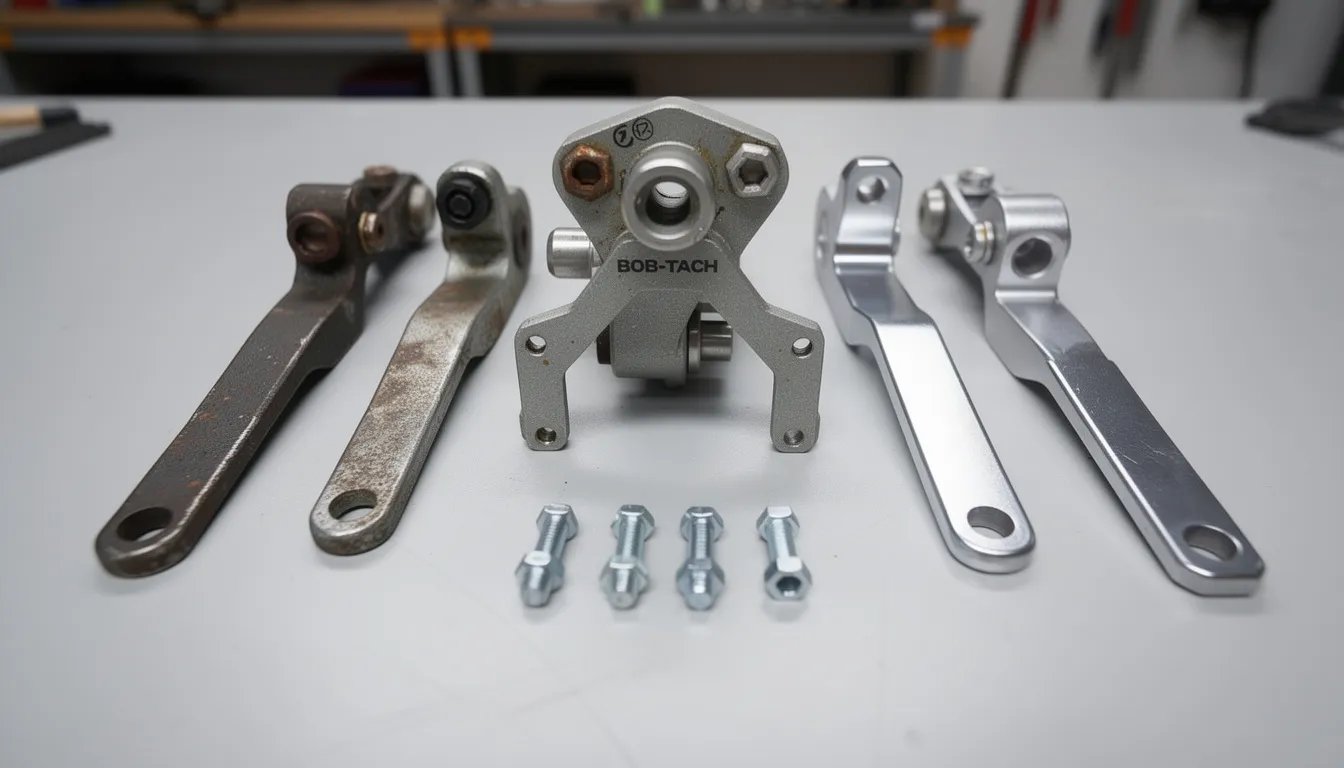 The image shows a close-up view of a Bob-Tach lever mechanism, highlighting worn lever components next to new replacement parts for easy comparison. This visual aids customers in understanding the product details and fit for their skid steer attachments.