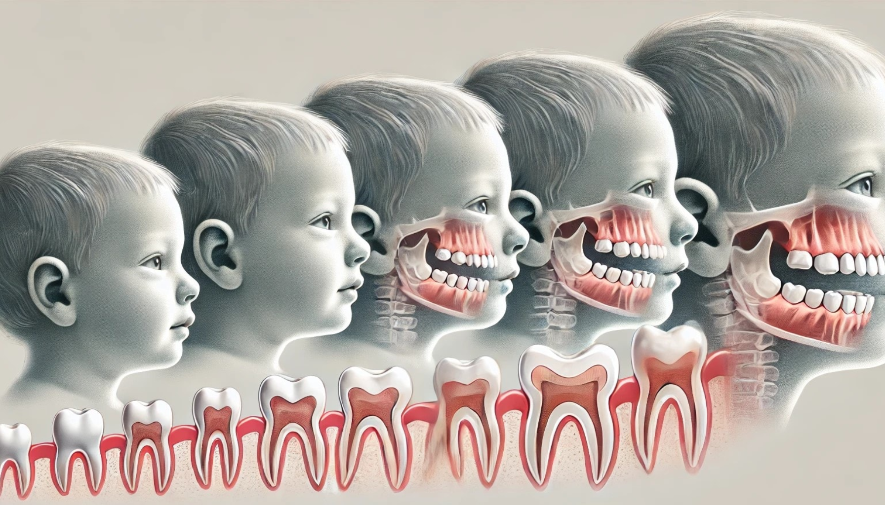 "Illustrasjon av barns tannutvikling, som viser overgang fra melketenner til permanente tenner i ulike stadier."