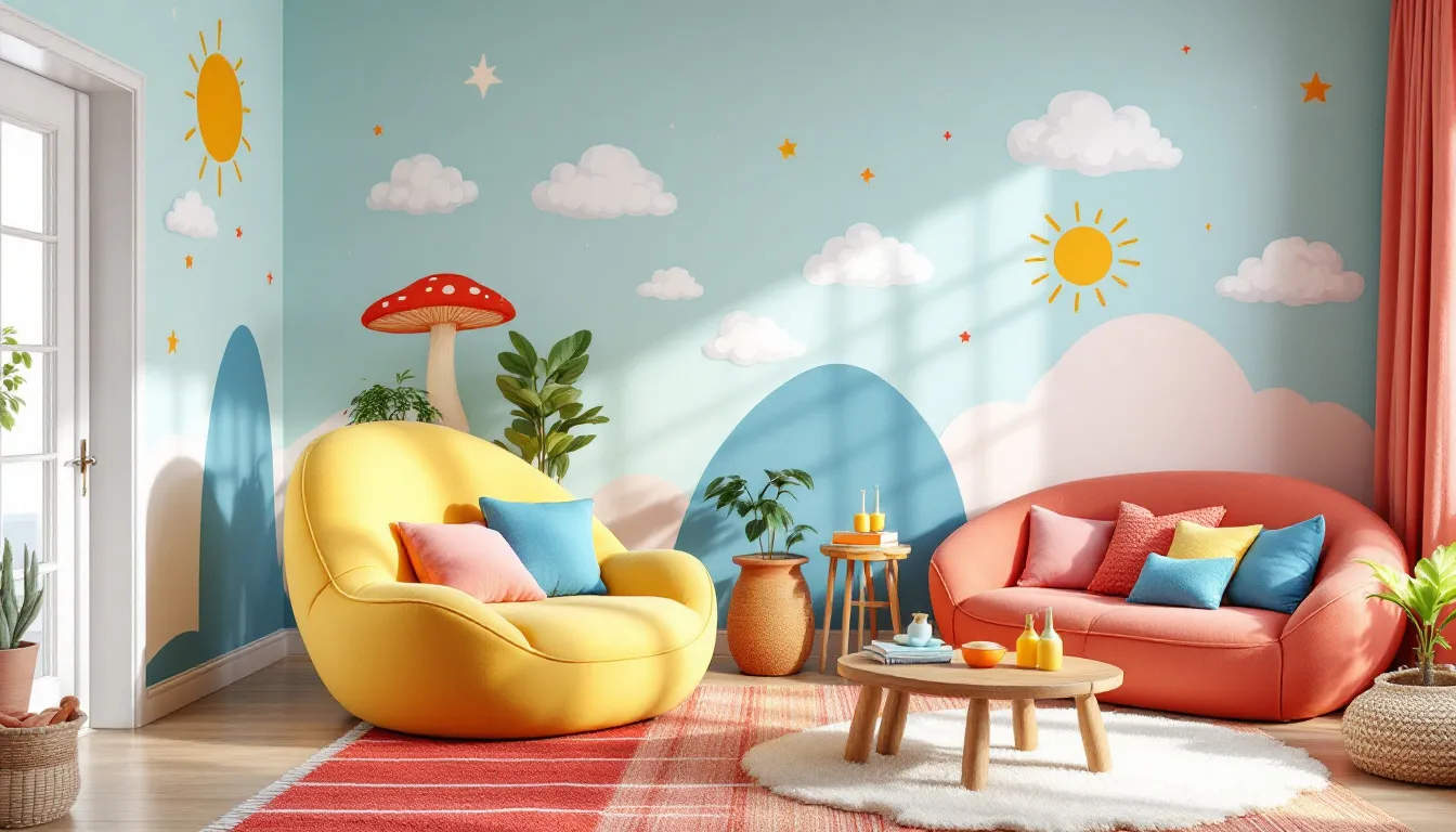 A family living room with rounded furniture, perfect for kids.
