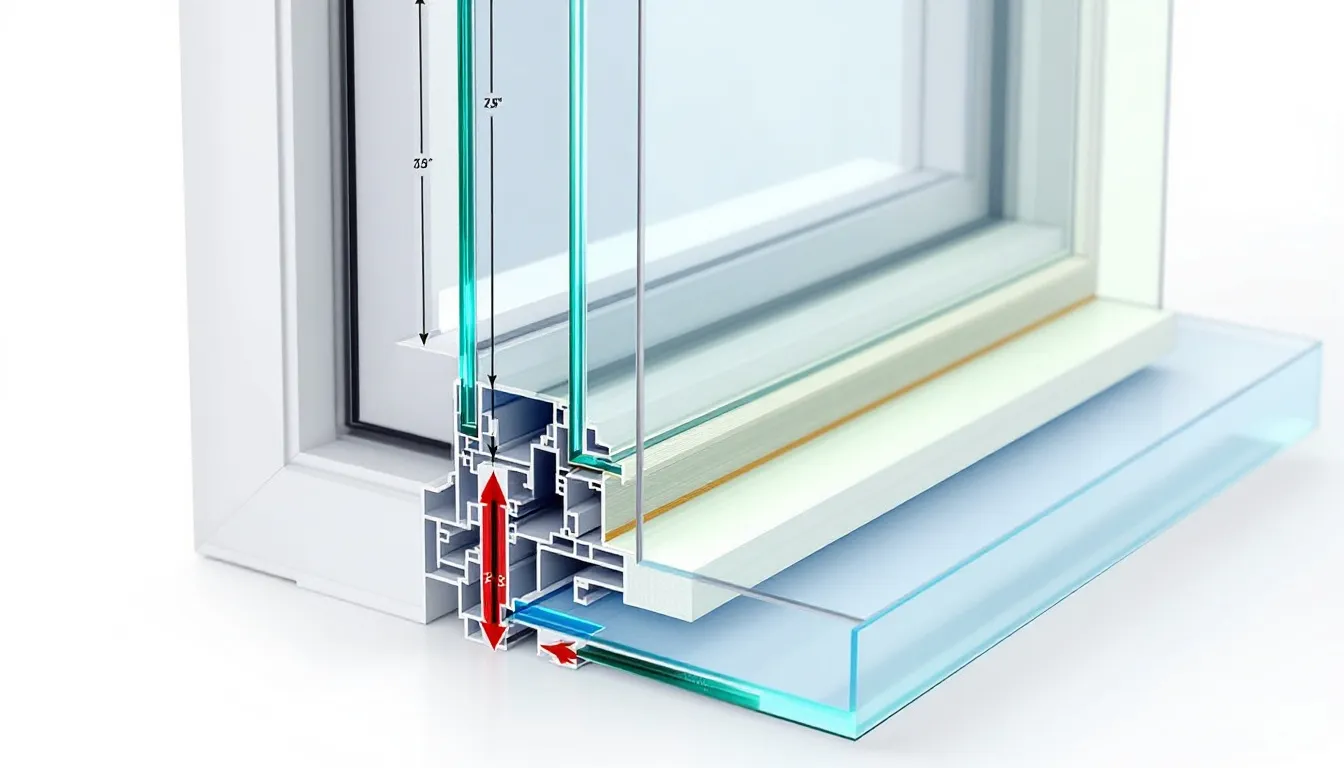 De afbeelding toont een doorsnede van triple glas, waarbij de verschillende isolatielagen duidelijk zichtbaar zijn. Dit type isolerend glas is essentieel voor energiebesparing en kan in aanmerking komen voor de ISDE subsidie in 2026.