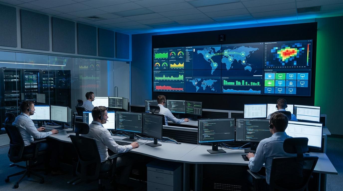 IT operations center overseeing secure cloud-based learning environments with virtual desktops, encrypted data connections, and centralized platform management.
