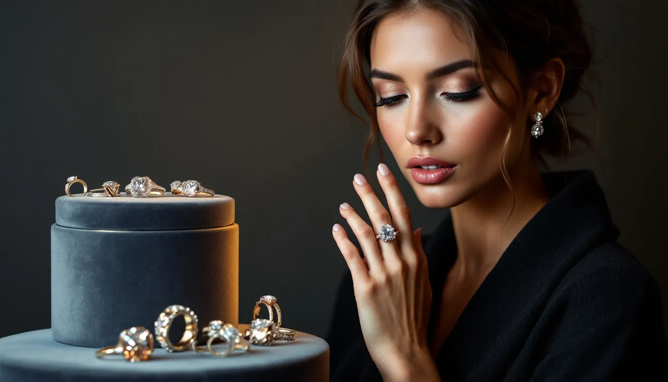 A person thoughtfully selecting a moissanite engagement ring, considering various options.