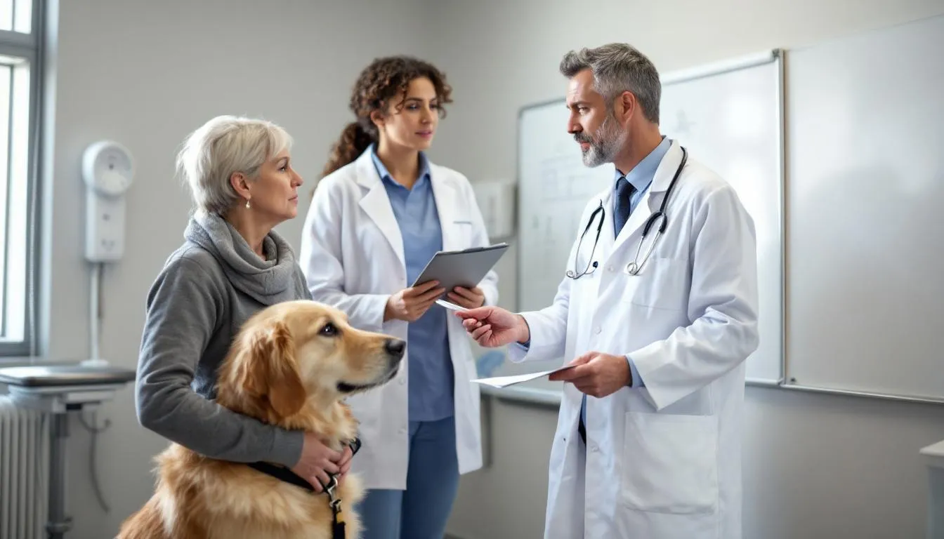 A veterinarian is attentively explaining the effects of trazodone for dogs to a concerned dog owner, addressing issues like separation anxiety and the medication